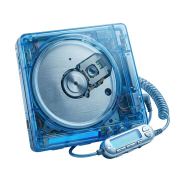 Portable blue transparent CD player with remote isolated. Retro music discman with visible lens mechanism.