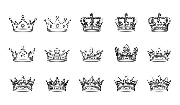 Crown icon set with royal crowns, king and queen symbols vector