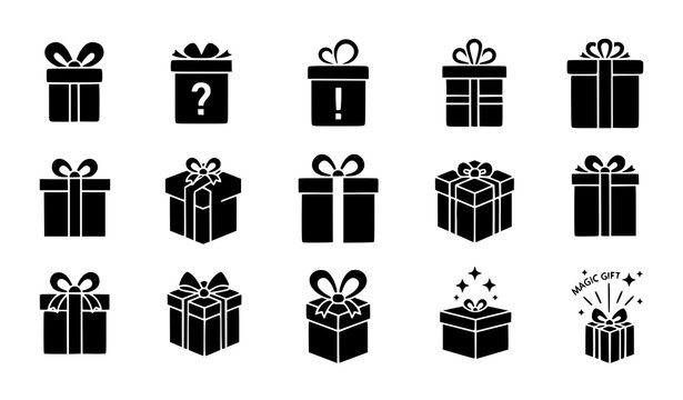 Gift box icon set with wrapped presents, Christmas gifts, and surprise boxes vector