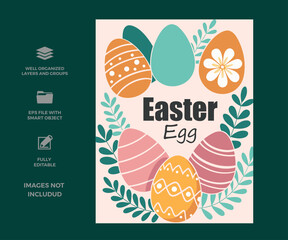 Colorful decorated easter eggs with greenery for a festive holiday design