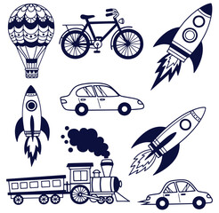 Vector illustration of various transportation modes including rocket cars train and hot air balloon