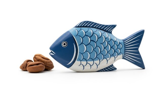 Artistic Fish Sculpture with Coffee Beans on White Background.