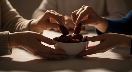 Hands sharing food from a bowl