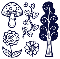 Whimsical floral elements and nature illustrations in simple black and white vector art