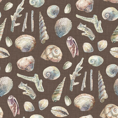 Watercolor seamless seashell pattern on brown background, hand-painted coastal design for wallpaper, fabric and home textiles
