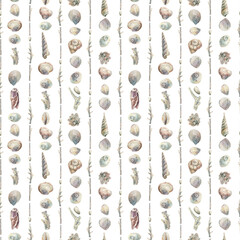 Watercolor seamless seashell stripe pattern on white background, hand-painted coastal design for wallpaper, fabric and home textiles