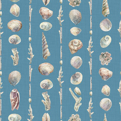 Watercolor seamless seashell pattern on blue background, hand-painted coastal design