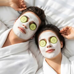 Young Couple Relaxing in White Bathrobes with Face Masks and Cucumber Slices for Home Spa Wellness
