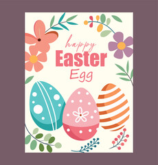 Happy easter egg illustration with colorful decorated eggs and floral accents
