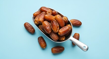 Dates in a metal scoop on a blue background