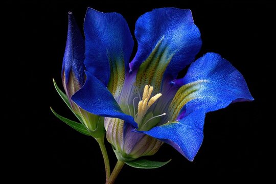 Close-up of royal blue gentian flower with textured petals on black background