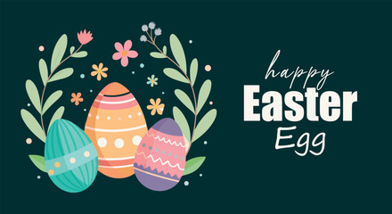 A vibrant illustration of decorated easter eggs nestled among spring foliage and flowers