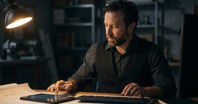 Man working at desk with drawing and digital device