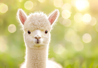 Fototapeta premium Cute alpaca with fluffy white face and soft wool gazes curiously at camera, surrounded by dreamy, blurred background