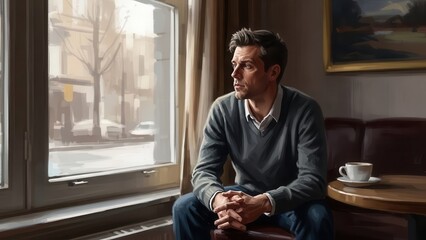 A pensive man sits by a sunlit window, observing the muted urban streetscape below, lost in quiet