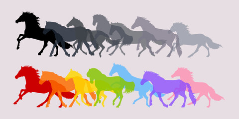 Group of horses silhouettes rough drawing isolated on white background illustration for zodiac graphic 2026 year of the horse.