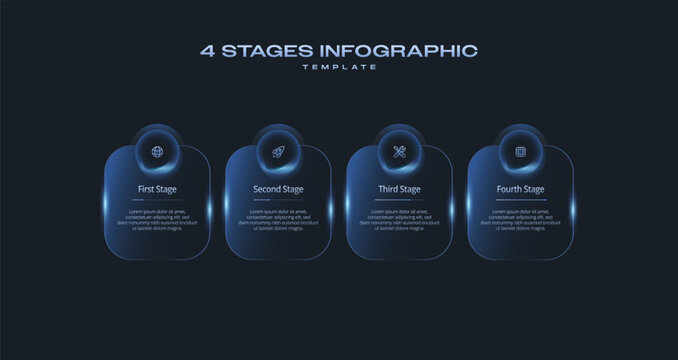 Dark Tech Infographic Template with Icons and Gradient Diagram, 4 Step Vector Workflow Layout for Presentations, Banners, Flowcharts, Business Reports, UI Design Assets, Modern Digital Style Pack Pro