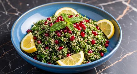 Tabbouleh Salad with Pomegranate and Lemon on Ceramic Plate
