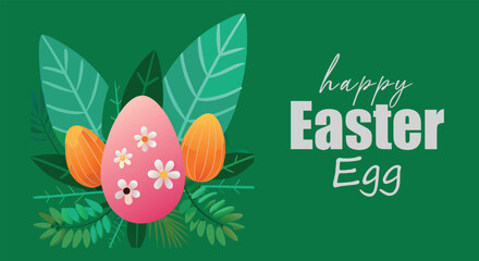 A vibrant green background with a decorative pink easter egg surrounded by leaves and other eggs, featuring 'happy easter egg' text