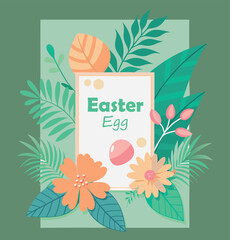 Cheerful easter egg illustration framed by vibrant spring foliage and delicate flowers