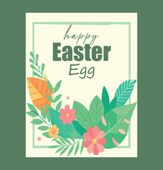 Happy easter egg greeting card featuring spring blossoms and fresh green foliage