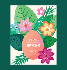 A delightful flat illustration of a 'happy easter day' egg with vibrant spring flowers and lush leaves