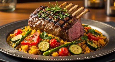 Grilled lamb chop on a bed of vegetables
