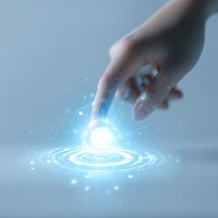 A human hand reaching out to touch the AI ​​hologram symbolizes trust and collaboration between humans and technology.