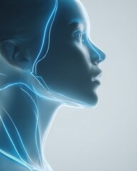 AI light trails connecting human profiles signify ethical navigation towards the future.