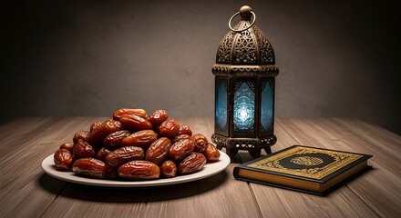 Dates and Lantern on Wooden Table