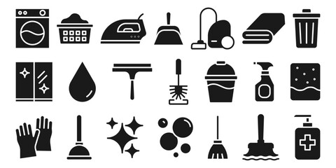 Set of household cleaning and laundry service icons, flat vector icons. Housekeeping chores, sanitation and hygiene equipment symbols