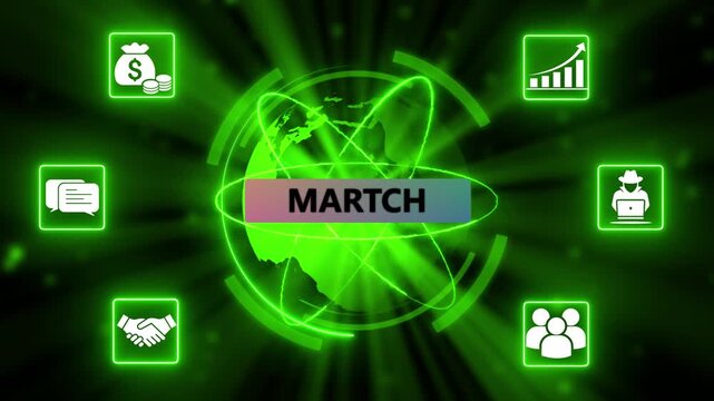 Martch technology process with cloud computing and team collaboration. Futuristic Martch  ecosystem with growth  security  and teamwork icons.