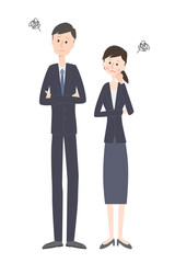 悩んでいるスーツ姿の若い男女