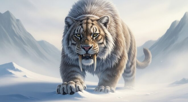 Saber-toothed tiger walking through snowy mountain landscape, prehistoric feline predator, ice age animal, digital painting
