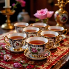 Fototapeta premium Elegant Antique Tea Cups on a Floral Altar: A Moment of Serene Indulgence with Porcelain Perfection.