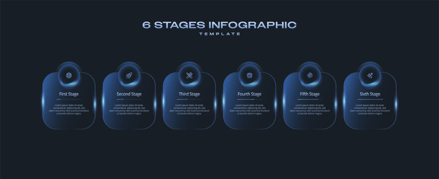 Dark Tech Infographic Template with Icons and Gradient Diagram, 6 Step Vector Workflow Layout for Presentations, Banners, Flowcharts, Business Reports, UI Design Assets, Modern Digital Style Pack Pro