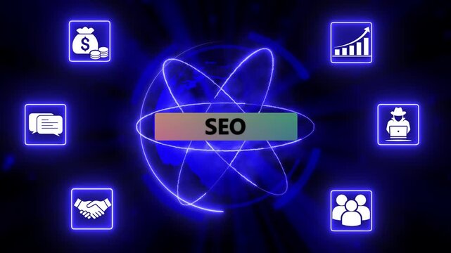 SEO technology process with cloud computing and team collaboration. Futuristic SEO ecosystem with growth, security, and teamwork icons.