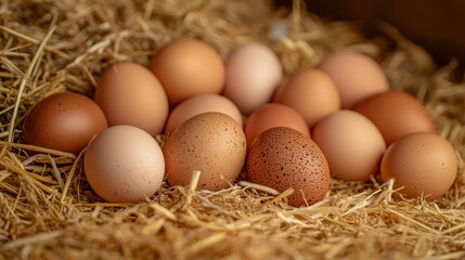 Rustic arrangement of farm-collected brown eggs in loosely scattered golden straw, natural variations in egg coloration from light tan to deep chocolate, tiny feathers and barn dust adding