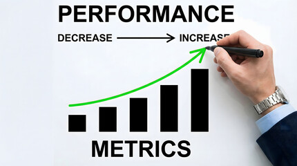 A businessmans hand draws a green upward line on a bar graph illustrating increasing performance and positive business metrics on 