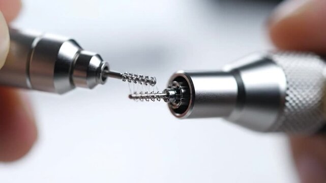 Close-up of two metallic tools' tips, intricate details of fine spiral brushes