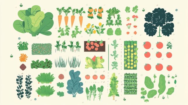 Vibrant colorful flat vector illustration of vegetable garden layout plan with organized grid system showing neatly arranged crop rows, seasonal planting zones with icons for tomatoes, carrots,