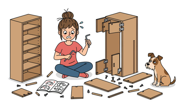 Stressed woman struggling to assemble flat-pack furniture with instruction manual, watched by her dog. DIY challenge.