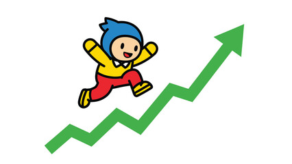 Happy cartoon character running up a green arrow, symbolizing growth, progress, and success