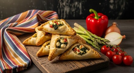 Savory Pastries with Fresh Vegetables on Wooden Board