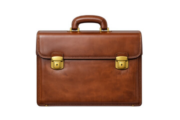 Brown leather briefcase providing a professional business accessory feel. Featuring a top handle and two golden brass locks, on transparent background