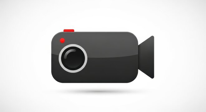 A sleek black video camera icon on a white background.