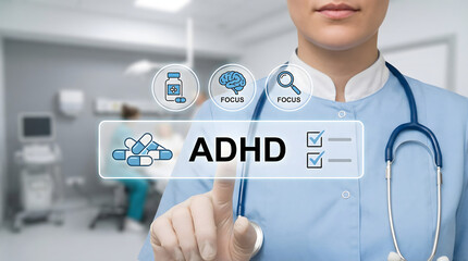 A medical professional touches a virtual display showing ADHD treatment and focus icons in a bright clinic setting
