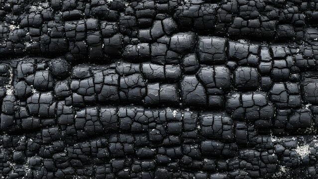Close up of charred wood texture after fire.