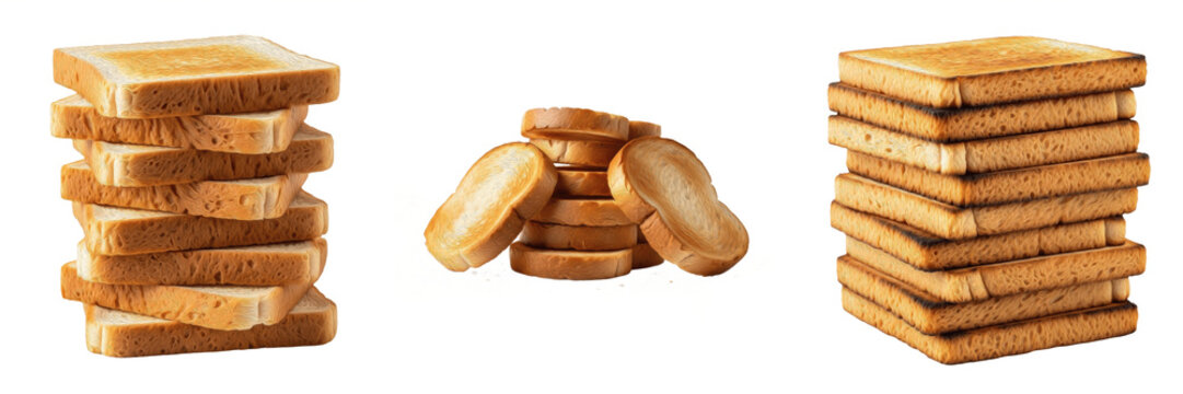 Set of Crispy Toasted Bread Slices and Rusks Stacks Isolated on White Background