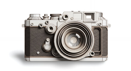 Vintage 35mm film camera with a classic black lens and shutter equipment isolated on white as a retro antique photography object